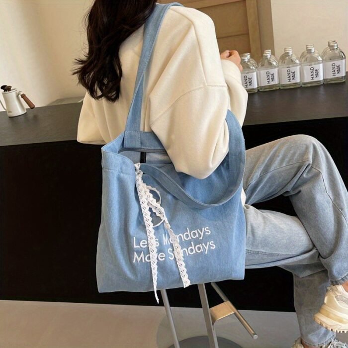 1pc Vintage American Tote Bag - Large Capacity Light Blue Shoulder Bag with "LESS MONDAYS MORE SUNDAYS" Print, Perfect for Students, Commuting, and Casual Outings, Commuting Essential, Artistic Text Design, Zipper Closure - Image 2