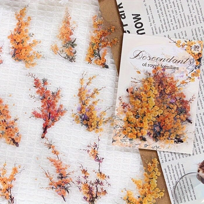 30-Pack Plant Floral Branch PET Decorative Stickers, Mixed Color Self-Adhesive Plastic Craft Embellishments with Crystal Accents, Glossy Finish, Irregular Shapes for Scrapbooking and Journaling - Image 3