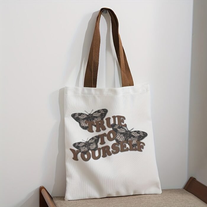Brown Butterfly Letter Element Pattern Tote Bag, Multifunctional Handbag, Letter Printed Canvas Shopping Bag - Image 12