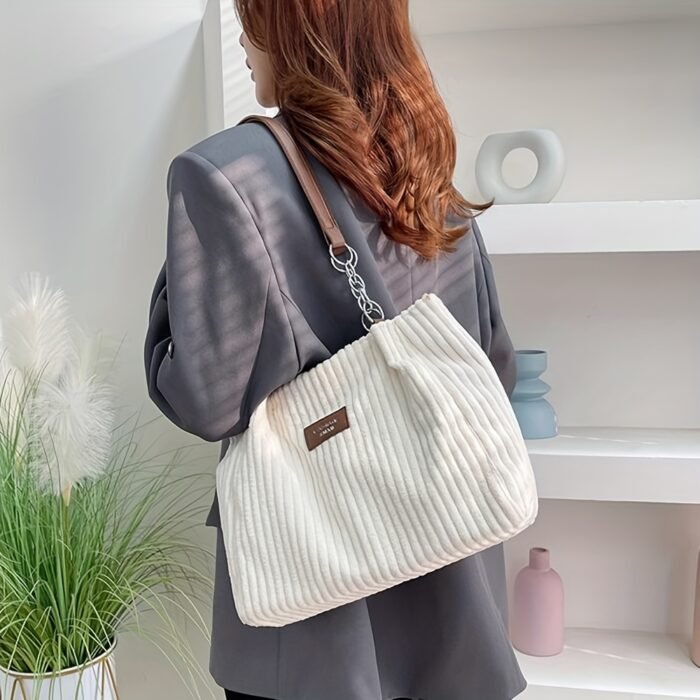 DISSEFA-TECH Corduroy Shoulder Bag for Women, Elegant Striped Tote with Removable PU Strap, Zipper Closure, Polyester Lined, Versatile for Daily Use and School - Ideal Valentine'S Gift - Image 10