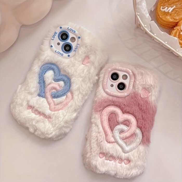 Smudged Double Buckle Love Gradient Color Mobile Phone Case, Suitable for Apple 16/15 Pro Max/15 Pro/15/15Plus/14 Pro Max/14 Pro/14Plus/14/13 Pro Max/13 Pro/13 /12 Pro Max/12 Pro/12/11Pro Max/11 Couple Plush Embroidery Mobile Phone Protective Case - Image 2