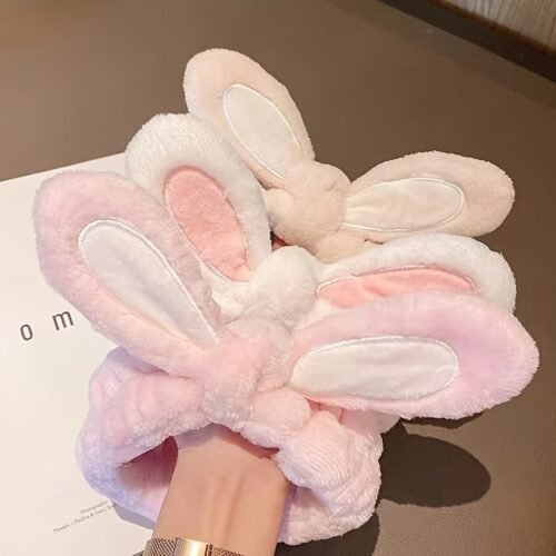 Cute Bunny Ear Hairband Headband with Soft Polyester Fabric - Pastel Pink & White Hair Accessories for Daily Use, Face Washing, Styling & Cosmetics