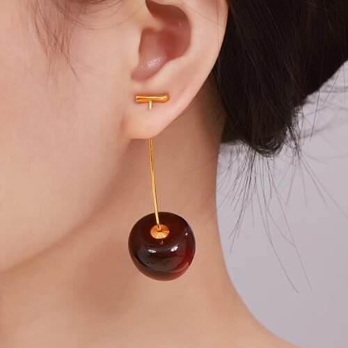 Elegant Vintage-Inspired Cherry Drop Earrings - Long Stem, Resin Crafted with Golden Hook & Post, Cherry-Themed Design for Casual Attire or Parties, Versatile Jewelry | Retro Style Earrings | Resin Crafted Earrings