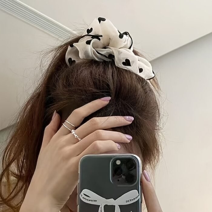Elegant Mesh Hair Scrunchies with Black Polka Dot & Heart Design - Korean Style, Tassel Detail, Women'S Fashion Hair Ties for Valentine'S Day, Everyday & Special Occasions, Cute Hair Accessorie - Image 5