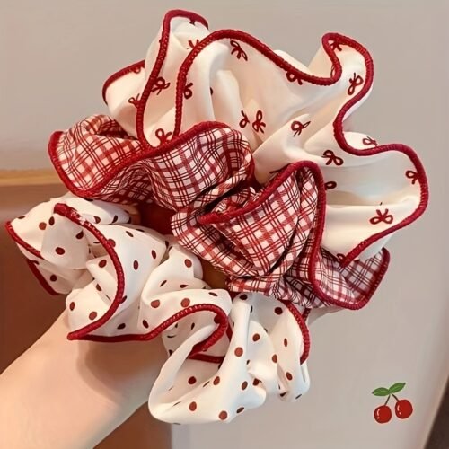 3pcs Set of Red Light Luxury Sweet Polka Dot Large Intestine Ponytail Cute Hair Ring Hair Rope Bun High-end Headwear New Style