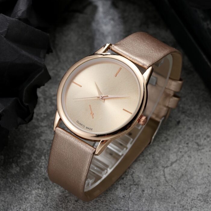 Elegant Women's Rose Golden Quartz Watch - Minimalist Round Dial, PU Leather Strap, Shockproof Design, Perfect for Office or Casual Wear, Comes with Gift Box - Image 3