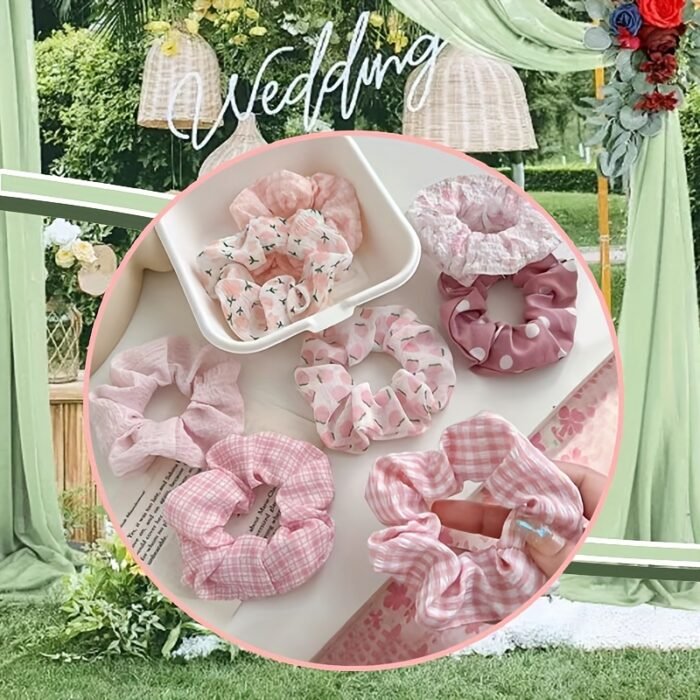 8pcs Elegant Pink & White Check & Floral Hair Ties - Soft Fabric, Non-Slip, Perfect for Buns & Pigtails, Ideal Gift Set for Women, Everyday Hair Accessories | Check Pattern Ties | Elastic Headbands, Hair Accessories Set - Image 8