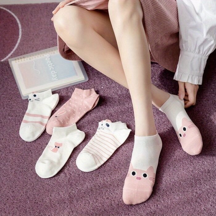 5 Pairs of Cute Cartoon Cat Socks for Women - Pink and White, Short & Mid-Calf, Lightweight, Machine Washable, Spring/Summer Footwear, Casual Wear|Playful Cat Design|Stretchy Fabric - Image 5