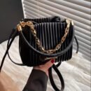 2024 Summer Women's White PU Pleated Bucket Crossbody Bag with Adjustable Golden-Tone Chain Strap & Drawstring Closure - Lightweight Portable Shoulder Bag for Casual & Formal Occasions, Small Crossbody Bag