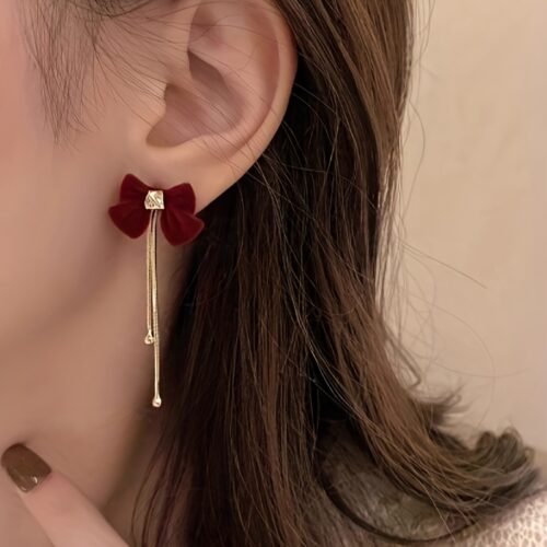 One Pair of Flocked Bow Earrings, Women's Elegant Dangle Tassel Studs, Wine Red Velvet Earrings with Aesthetic Bow