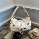 Women's Handbag and Wallet Sweet Plaid Bow Pocket Bag, Gray-White Autumn-Winter Corduroy Material, Niche Design, Large Capacity Underarm Casual Style, Japanese-Korean Backpack Trend, Minimalist Fashionable Tote Bag, Essential for Gifting, Holidays, Travel, and Outings