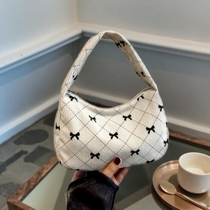 Women's Handbag and Wallet Sweet Plaid Bow Pocket Bag, Gray-White Autumn-Winter Corduroy Material, Niche Design, Large Capacity Underarm Casual Style, Japanese-Korean Backpack Trend, Minimalist Fashionable Tote Bag, Essential for Gifting, Holidays, Travel, and Outings - Image 2
