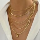 1pc Layered Chain Necklace for Women - Golden-Tone Bohemian Punk Rock Style with Interlocking Links & Rectangular Pendants, Elegant Versatile Jewelry for Daily Wear, Parties, All-Season Fashion Accessory, Party Accessories, Chic Appearance, Delicate Craftsmanship