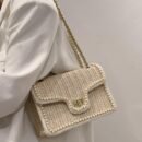 [Straw Shoulder Bag] Chic Woven Straw Women's Shoulder Bag | Fashionable Chain Crossbody Purse, Leather Lined, Turn-lock Closure, Summer Beach Vacation Accessory | Black/Yellow/Beige/Mixed Colors with Pearl Accents
