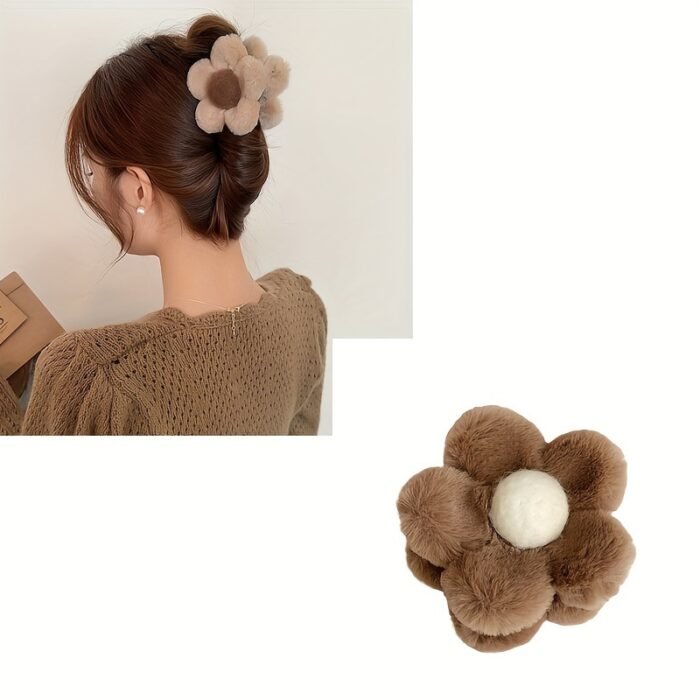 2pcs Plush Flower Hair Clips - Soft Fluffy Faux Fur Floral Hair Accessories for Women, Brown & Beige, Lightweight Non-Slip Hairpins for Everyday & Special Occasions, Accessories for Hair, Faux Fur Accessory - Image 4