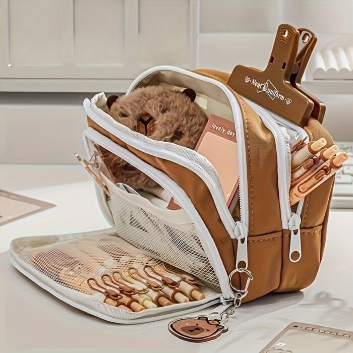 Charming Capybara-Themed Stationery Set - Elegant Light Brown Canvas Organizer with Zippered Pouch & Compartments, Ideal for Graduation & Birthday Gifts, Includes Markers, Pens, and Highlighters, Gift Bag Included, Capybara Accessories - Image 5