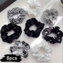 8pcs Elegant Pink & White Check & Floral Hair Ties - Soft Fabric, Non-Slip, Perfect for Buns & Pigtails, Ideal Gift Set for Women, Everyday Hair Accessories | Check Pattern Ties | Elastic Headbands, Hair Accessories Set