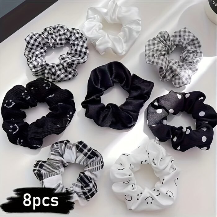 8pcs Elegant Pink & White Check & Floral Hair Ties - Soft Fabric, Non-Slip, Perfect for Buns & Pigtails, Ideal Gift Set for Women, Everyday Hair Accessories | Check Pattern Ties | Elastic Headbands, Hair Accessories Set - Image 7