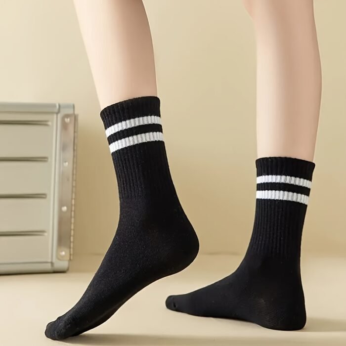 3 Pairs Striped Knee-Length Socks for Women - Breathable Polyester Knit Fabric, Casual Sport Style, Hand Wash/Dry Clean, Black/White/Grey - Image 6