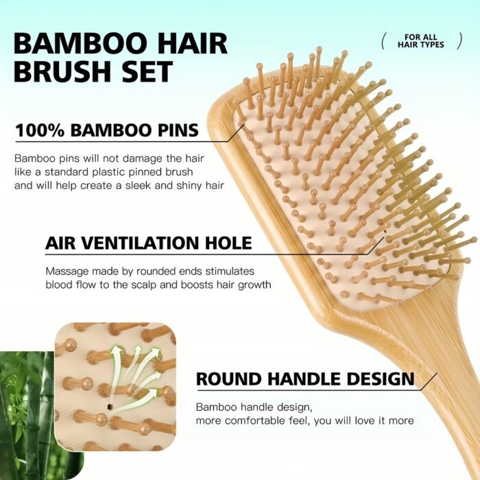 4pcs Hair Brush Comb Set for Men Women - Bamboo Bristle Hairbrush with Tail Comb, Tooth Comb, Double Head Comb, 3 Air Cushion Massage Brushes for Scalp Massage, Bamboo Material, Finishing Comb Style, Scalp Massager Set|Natural Bamboo Brush|Ergonomic Desig - Image 2