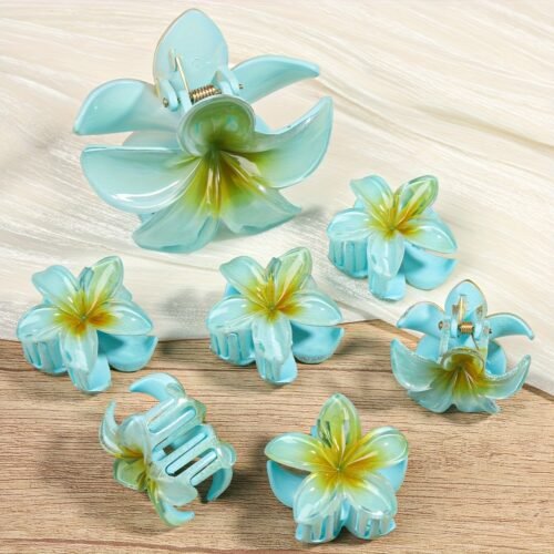 7pcs Minimalist Floral Hair Clip Set, Gradient Jelly Cute Clips, Large Non-Slip Scrunchie and Multifunctional Bangs Side Egg Lace Clips, Essential for Beach Vacation Swimming
