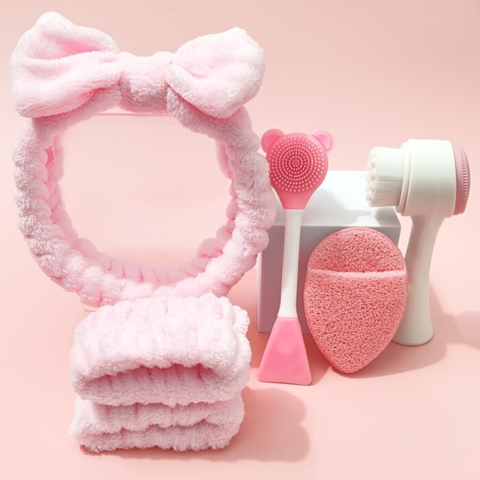 6pcs/Set Facial Cleaning Tools - Including Portable Hair Band + 2 Wristbands, Silicone Cleansing Brush, Ultra-Fine Bristles, Face Wash + Double-Headed Mask Brush - Face Wash Puff - Makeup Remover Puff - Travel Portable Face Wash Set - Suitable for Home Beauty Routines, Outdoor Travel Use