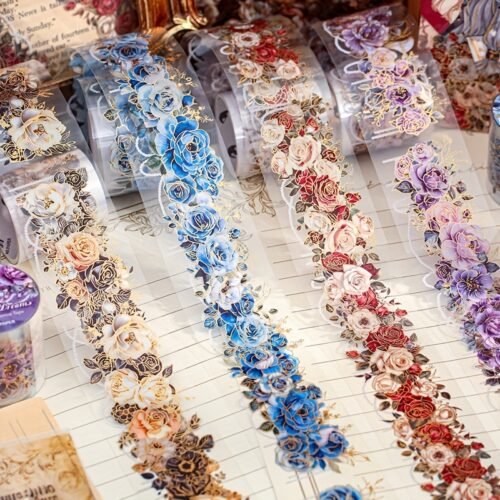 of 40mm x 2m Metallic Rose Floral Tape with Golden Accents - Vibrant Colors, Polyester Material, Perfect for DIY Scrapbooking, Journaling, and Crafting Decorations, Scrapbook Embellishments | Decorative Tape | Durable Decorative Tap