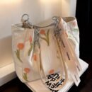 Women's Elegant Casual White Tulip Floral Print Tote Bag - Large Capacity Fabric Shoulder Bag with Adjustable Long Woven Strap & Zipper Closure, Includes Wrist Strap for Work, Travel, Daily Use, Polyester Lining