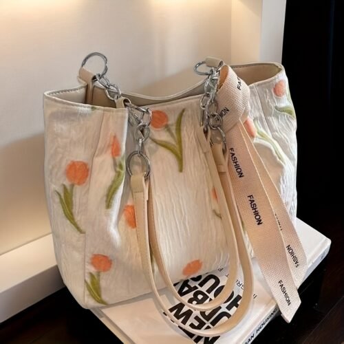 Women's Elegant Casual White Tulip Floral Print Tote Bag - Large Capacity Fabric Shoulder Bag with Adjustable Long Woven Strap & Zipper Closure, Includes Wrist Strap for Work, Travel, Daily Use, Polyester Lining