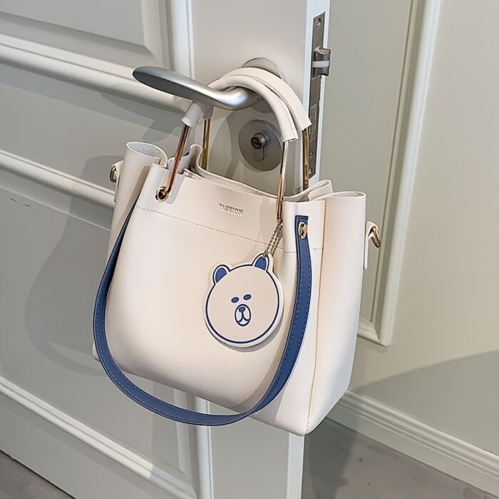 Stylish Large Capacity Women's Tote Bag - Versatile Shoulder & Crossbody Purse with Zipper Closure, PU Material, Cream Color, Golden-Toned Hardware, and Adorable Bear Charm, Crossbody Bag - Image 6