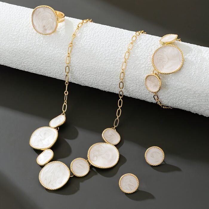 Four-Piece Women's Jewelry Set: Pure White Geometric Pendant Necklace, Bracelet, Ring, and Earrings - Image 4