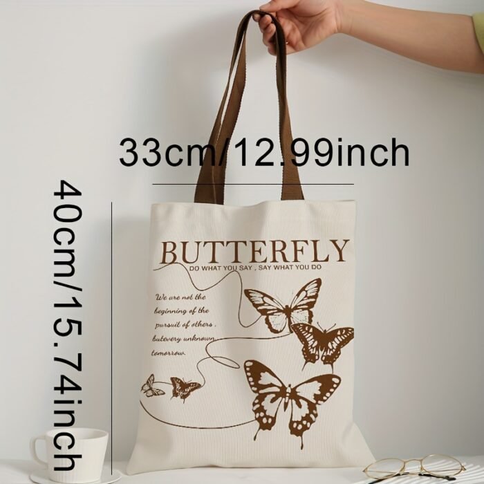 Brown Butterfly Letter Element Pattern Tote Bag, Multifunctional Handbag, Letter Printed Canvas Shopping Bag - Image 4