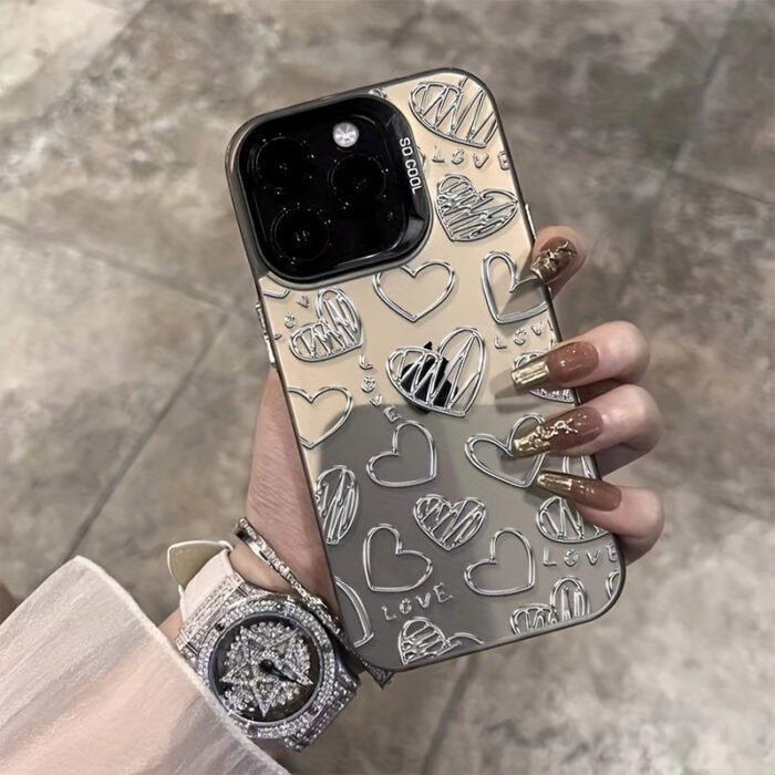 Radium Black and White Silvery Love Heart Metal Pattern Design Mobile Phone Case for iPhone16/16plus/16pro/16promax/iPhone 15/15Plus/15Pro/15ProMax, 14/14Plus/14Pro/14ProMax, 13/13Pro/13ProMax, 12/12Pro/12ProMax, 11/11/11Pro Max/7/8/X/XS - Anti-fouling, Fashionable, Trendy - Image 3