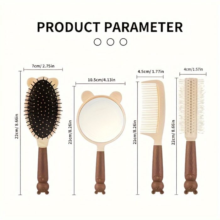 4-Piece Cute Bear Hair Comb Set with Air Cushion Brush, Finishing Comb, Round Curling Brush & Makeup Mirror - Ideal for Normal Hair Travel Essentials - Image 6