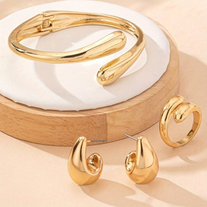 2pcs of Teardrop Earrings + 1pc of Bracelet + 1pc of Ring Geometric Teardrop Shape Women'S Jewelry Set Suitable for Daily Wear And Versatile Party Gifts - Image 3