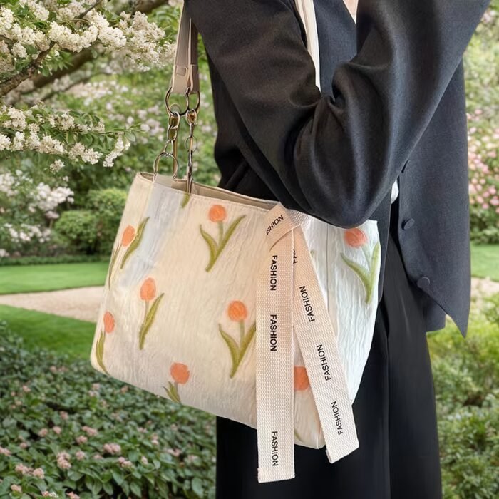Women's Elegant Casual White Tulip Floral Print Tote Bag - Large Capacity Fabric Shoulder Bag with Adjustable Long Woven Strap & Zipper Closure, Includes Wrist Strap for Work, Travel, Daily Use, Polyester Lining - Image 8