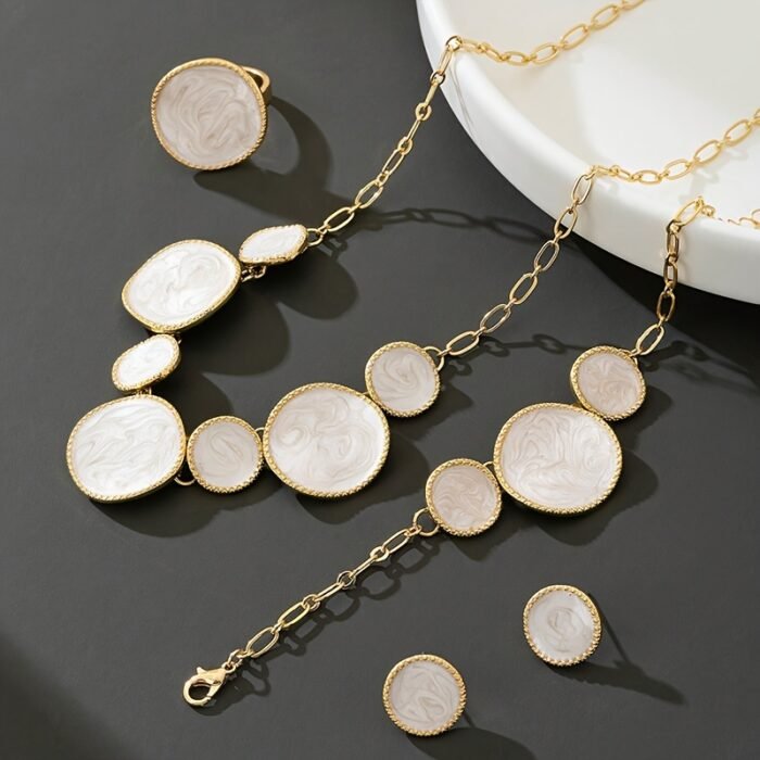Four-Piece Women's Jewelry Set: Pure White Geometric Pendant Necklace, Bracelet, Ring, and Earrings - Image 5