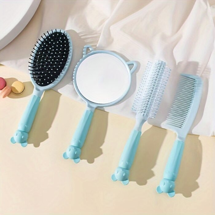4-Piece Cute Bear Hair Comb Set with Air Cushion Brush, Finishing Comb, Round Curling Brush & Makeup Mirror - Ideal for Normal Hair Travel Essentials - Image 9