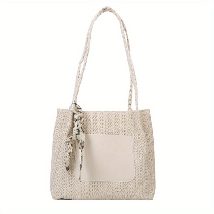 Women's Vintage Woven Tote Bag - Summer 2025 New Design, Large Capacity Crossbody Shoulder Bag with Decorative Tassel Handles & Zipper Closure, Light Brown/White/Green, Durable Fabric for Casual & Holiday Use, Casual Shoulder Bag | Braided Strap Bag | Zipper Closure Tote - Image 7