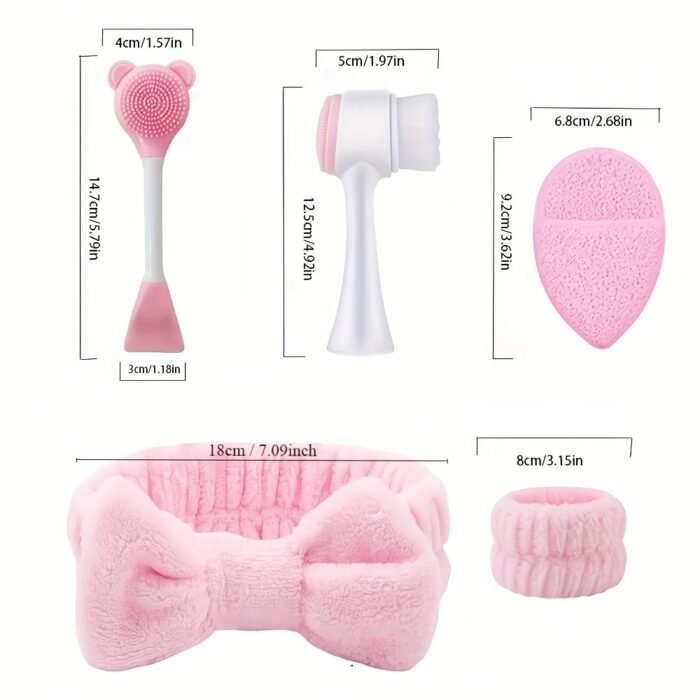6pcs/Set Facial Cleaning Tools - Including Portable Hair Band + 2 Wristbands, Silicone Cleansing Brush, Ultra-Fine Bristles, Face Wash + Double-Headed Mask Brush - Face Wash Puff - Makeup Remover Puff - Travel Portable Face Wash Set - Suitable for Home Beauty Routines, Outdoor Travel Use - Image 2