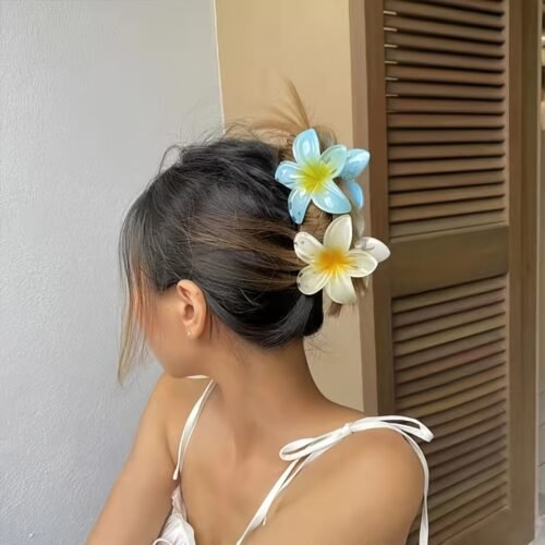 Floral Gradient Scrunchie Hair Clip - Beach Vacation Hair Accessory with Blue & White Flowers, Secure Grip Non-Slip Hair Clip for Women, All-Season Versatile Hairpin for Casual & Formal Styles, Gradient Flower Design | Soft Texture, Hair Accessories