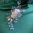 1pc White Soft Pottery Flower & Silvery Leaf Bridal Hair Comb Elegant