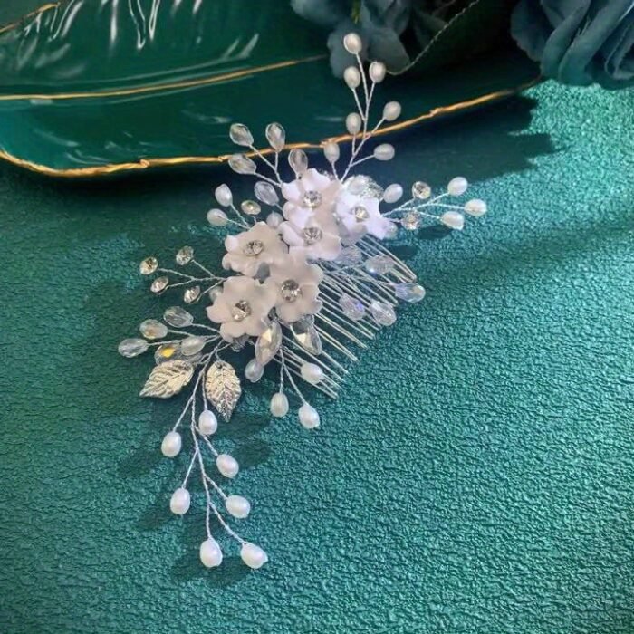 1pc White Soft Pottery Flower & Silvery Leaf Bridal Hair Comb Elegant - Image 11