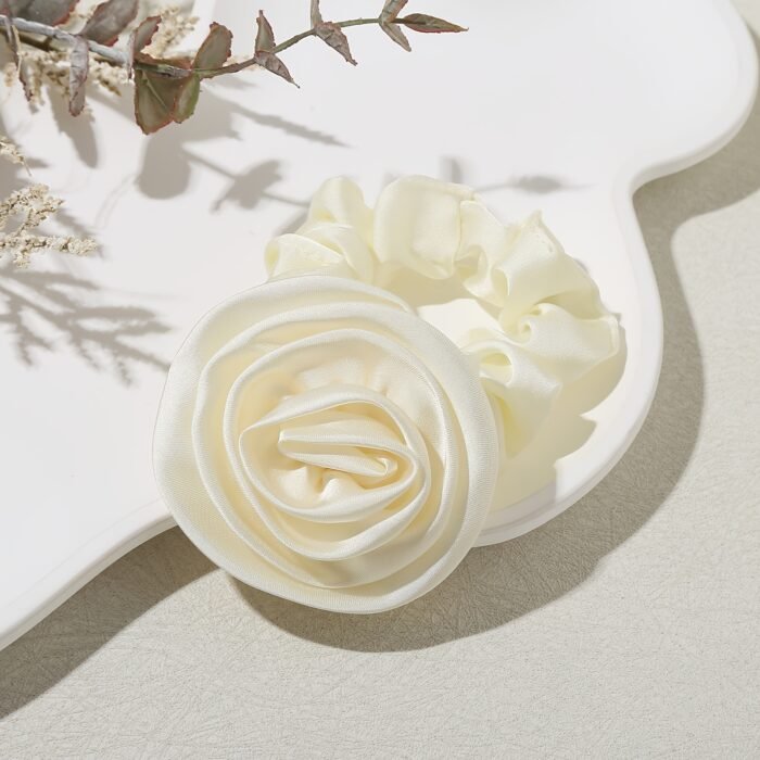 1pc Elegant Rose Flower Scrunchie, Korean Style Fabric Hair Tie, Simple Solid Color, Floral Hair Accessory for Women, Single Pack - Image 9