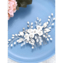 1pc White Soft Pottery Flower & Silvery Leaf Bridal Hair Comb Elegant
