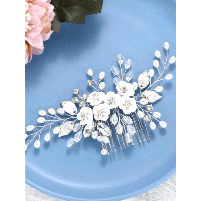 1pc White Soft Pottery Flower & Silvery Leaf Bridal Hair Comb Elegant - Image 12