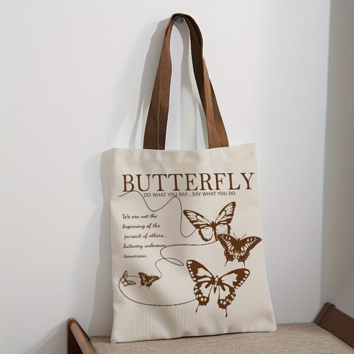 Brown Butterfly Letter Element Pattern Tote Bag, Multifunctional Handbag, Letter Printed Canvas Shopping Bag - Image 3