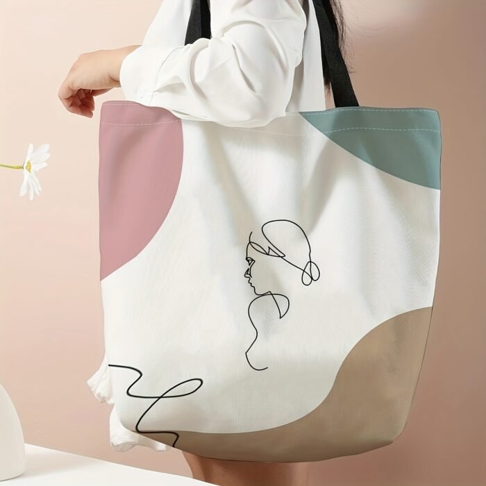 Abstract Line Art Print Casual Tote Bag, Fashionable Reusable Shoulder Bag, Multipurpose Canvas Shopper with Polyester Material and Diverse Printing - Image 4
