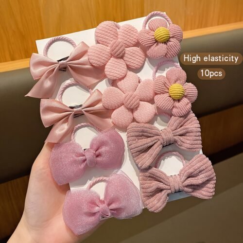 Honey Girl Style Hair Accessories Set - 10Pcs Solid Color Bow & Flower Hair Ties - Acrylic Fiber Elastic Hair Bands for Teens, Suitable for Daily Wear and Casual Occasions - All-Season Teen Hair Scrunchies