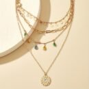 Vintage Geometric Layered Necklace for Women - Golden-Tone Multi-Strand Chain with Teardrop & Round Pendants, Elegant Party Jewelry Gift for Birthdays, Anniversaries, Special Occasion Jewelry, Sophisticated Accessory